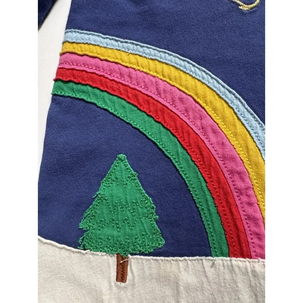 Mini Boden Girls 3-4Y Christmas Applique Dress Santa Sleigh Rainbow House